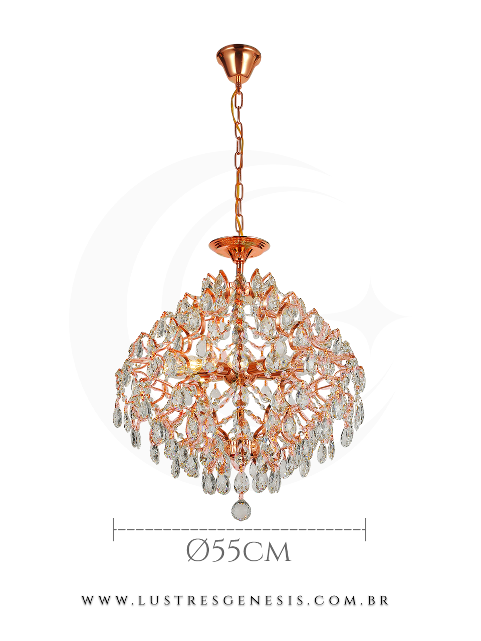 Lustre Rose Brilhante de Cristal Linseed de 55cm para casas com pé direito duplo e alto, ideal para halls de entrada e escadas, da marca Sindora Iluminação.